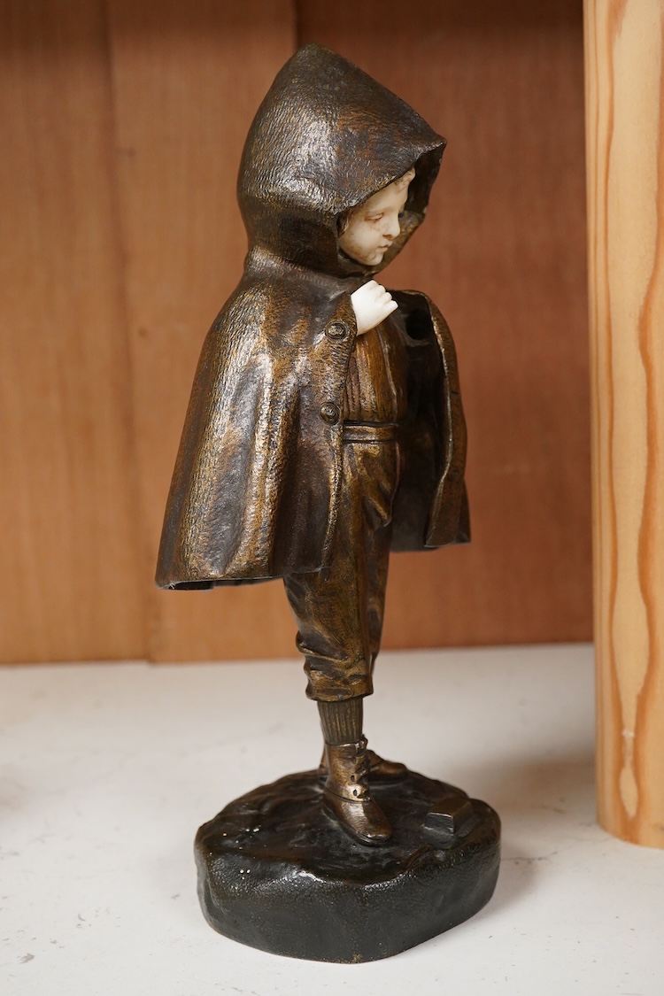 An Art Deco bronze and ivory figure of a boy wearing a cloak, signed Chopard, 22cm high CITES Submission reference, B3J6ULYT